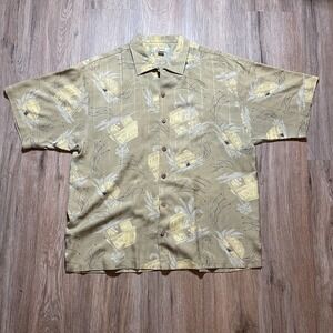 Tommy Bahama Men's Large Green Silk Floral Hawaiian Button-Up Shirt Short Sleeve